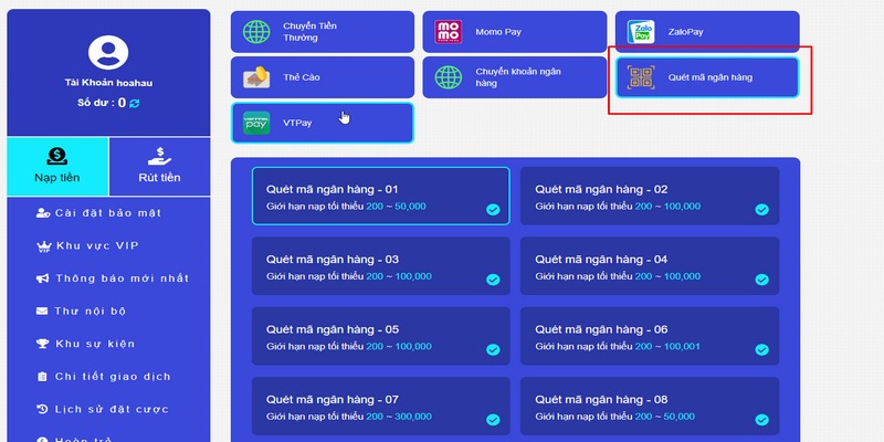 Vào tiền TP88 bằng mã QR tiện lợi